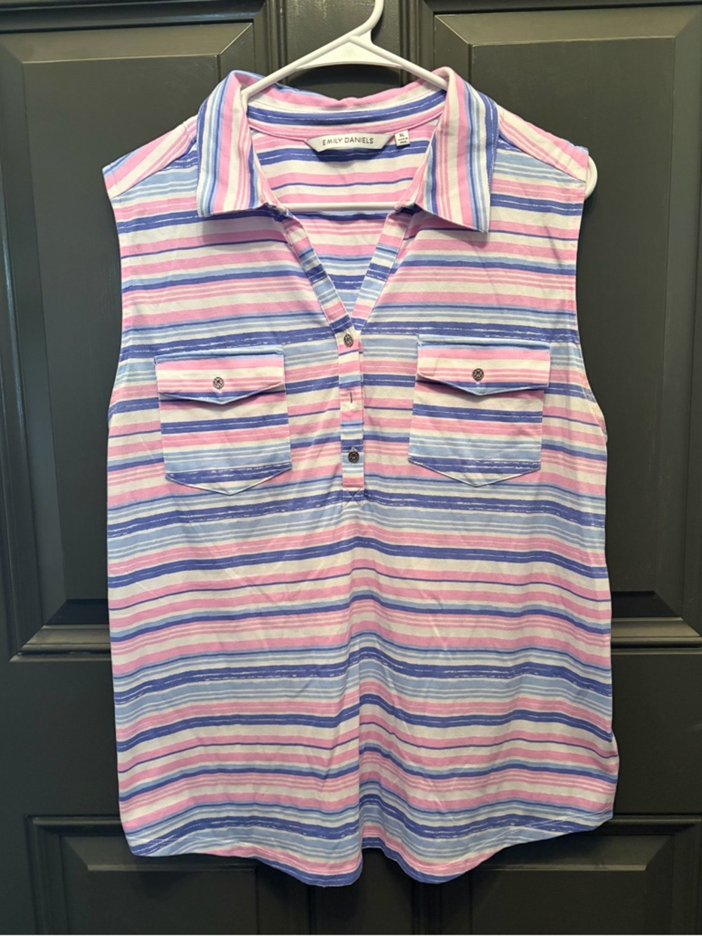 Emily Daniels Sleeveless Striped Polo Tank - Pink & Blue - Size XL